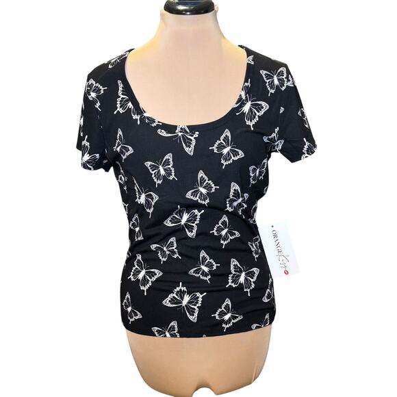 NWT Ribbed Butterfly Scoop Neck Top Size 1X Black & White Short Sleeves - Picture 1 of 8